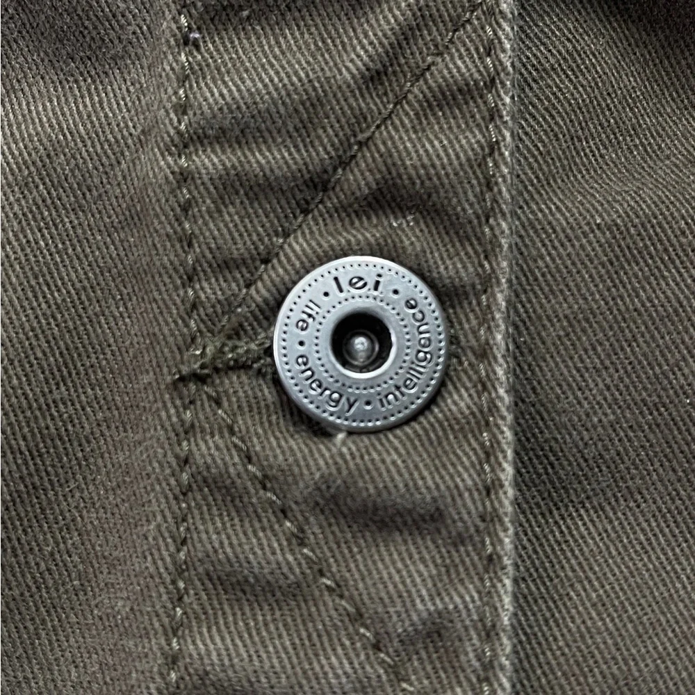 L.E.I. Mixed Media Olive Green Denim Jacket Knit Sleeves & Hoodie Small